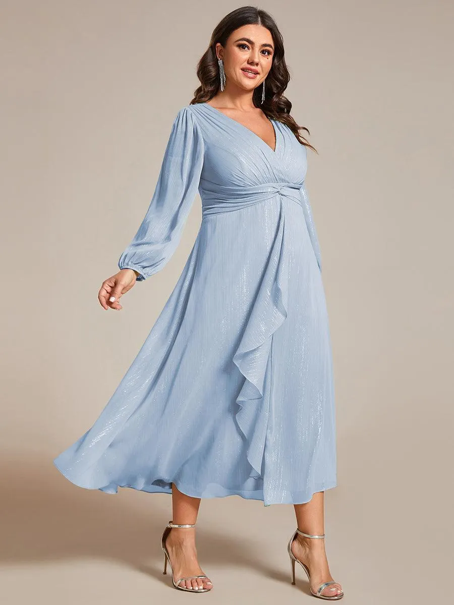 Robe de soirée trapèze scintillante à manches longues et col en V en mousseline de soie avec torsadé