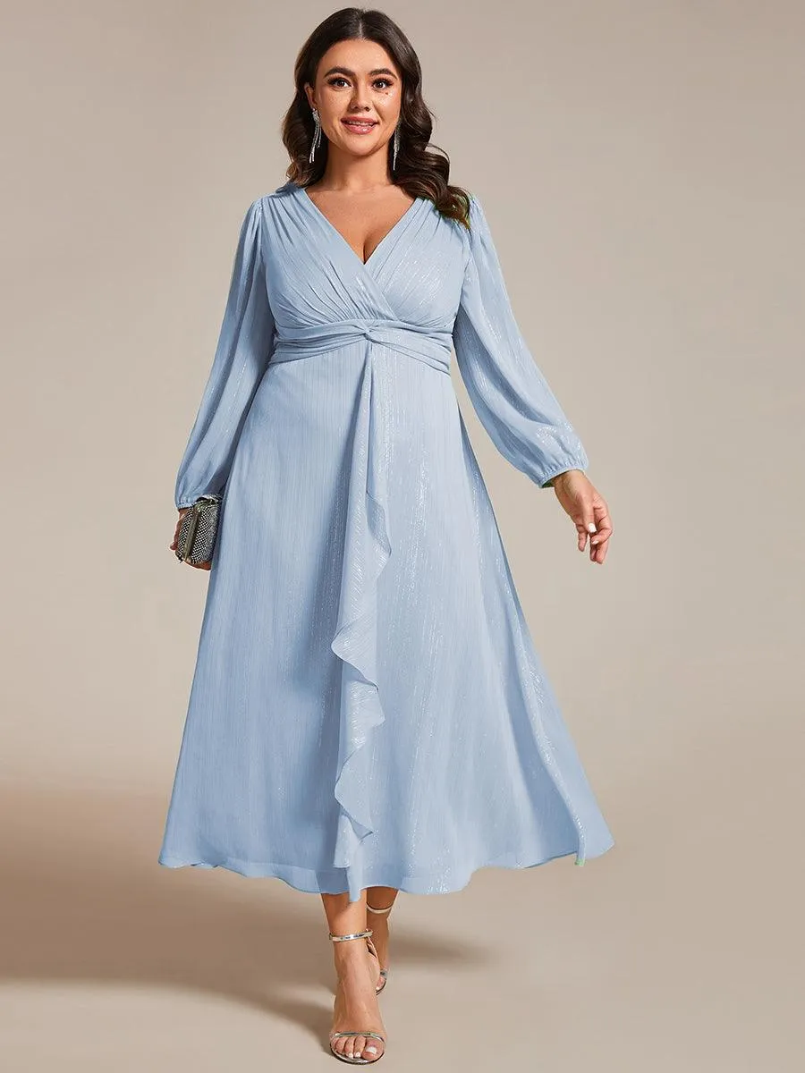 Robe de soirée trapèze scintillante à manches longues et col en V en mousseline de soie avec torsadé