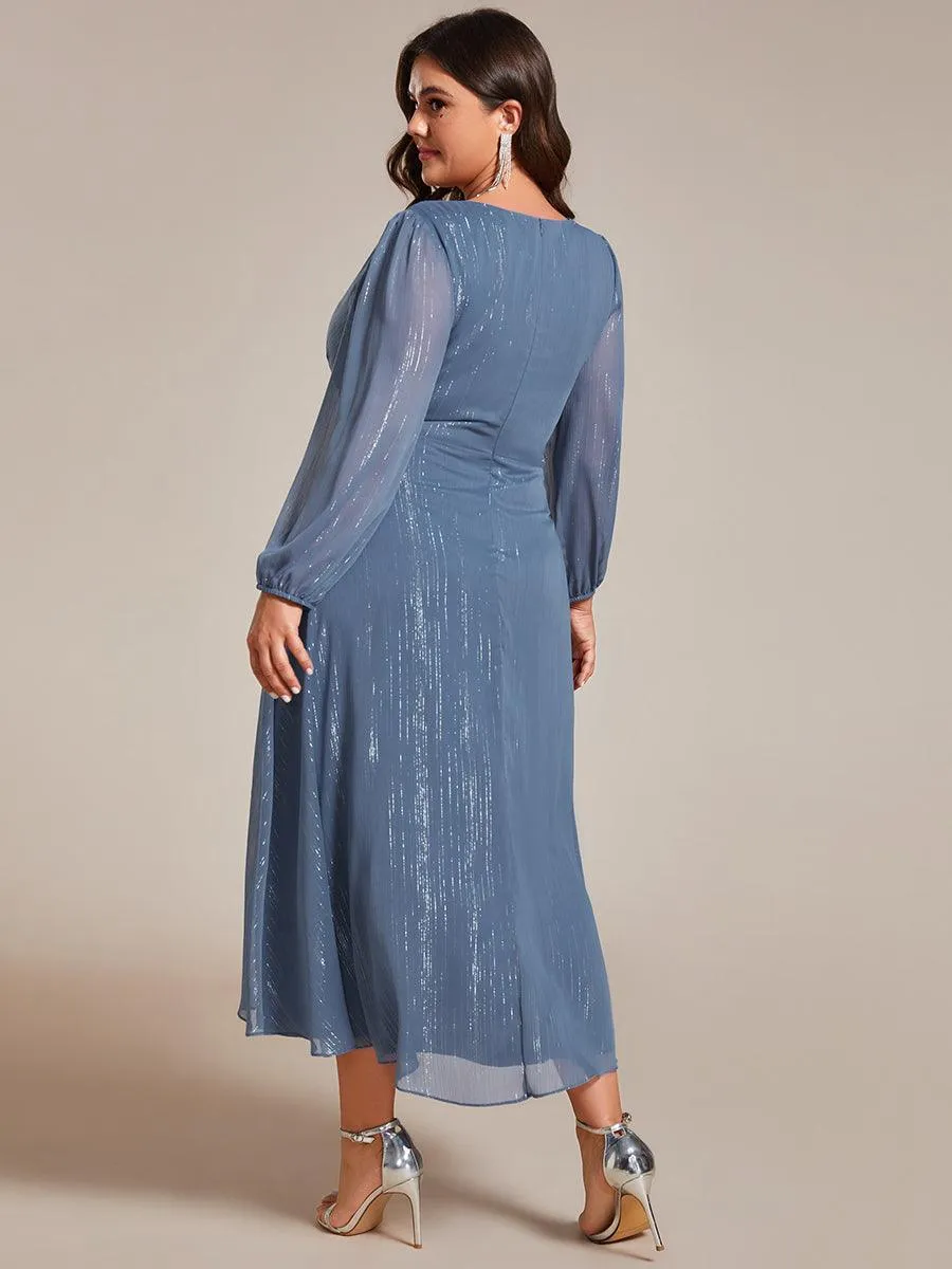 Robe de soirée trapèze scintillante à manches longues et col en V en mousseline de soie avec torsadé
