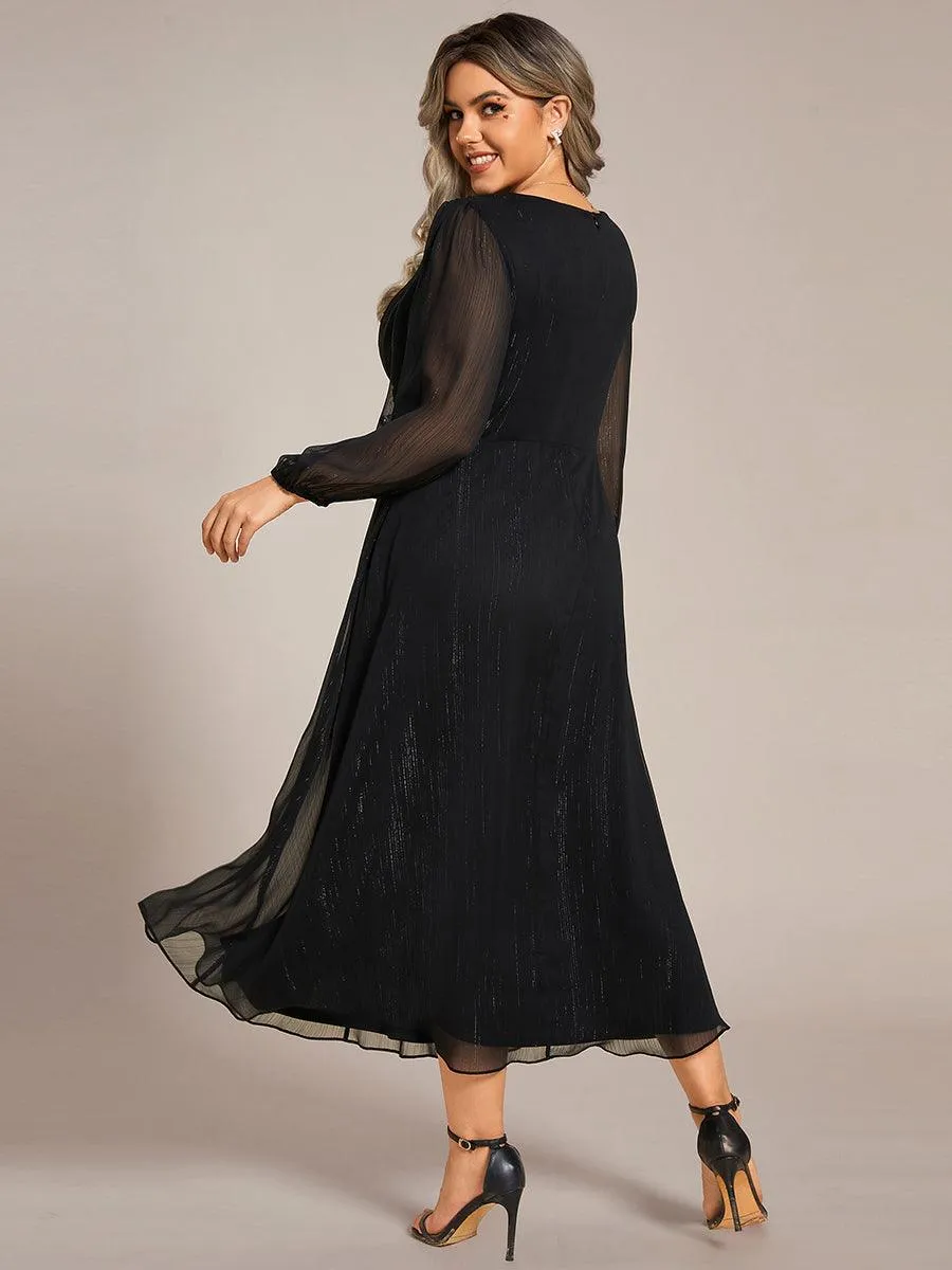 Robe de soirée trapèze scintillante à manches longues et col en V en mousseline de soie avec torsadé