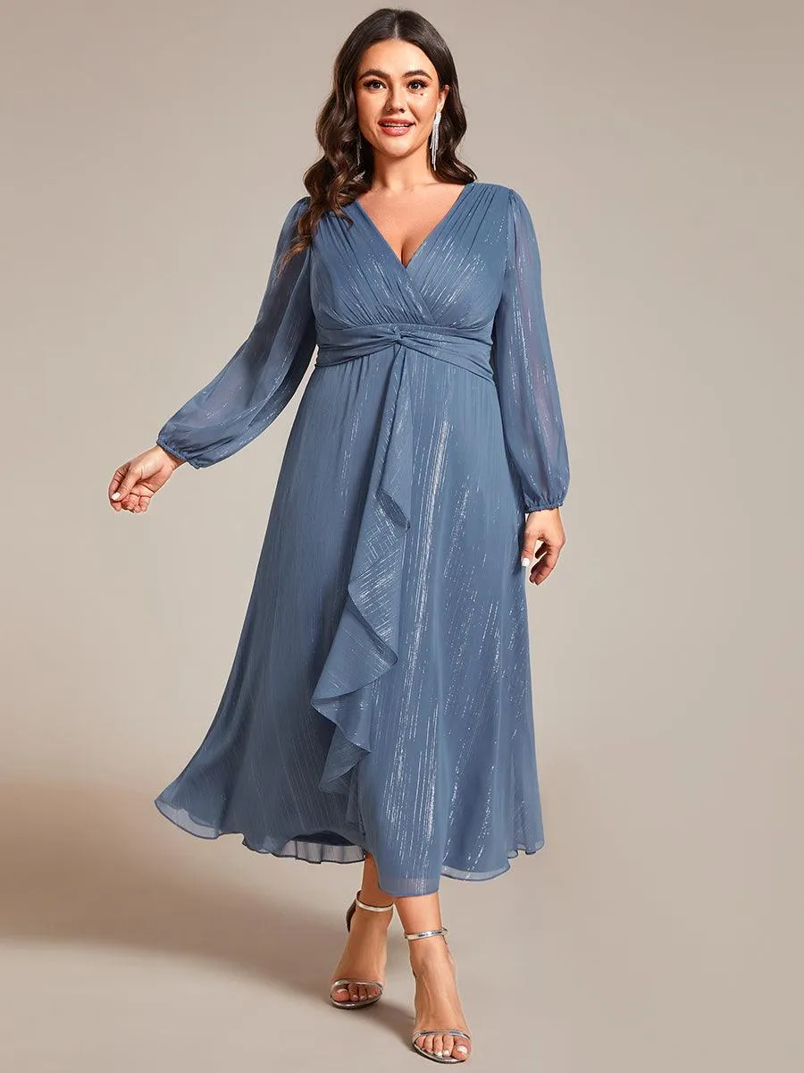 Robe de soirée trapèze scintillante à manches longues et col en V en mousseline de soie avec torsadé