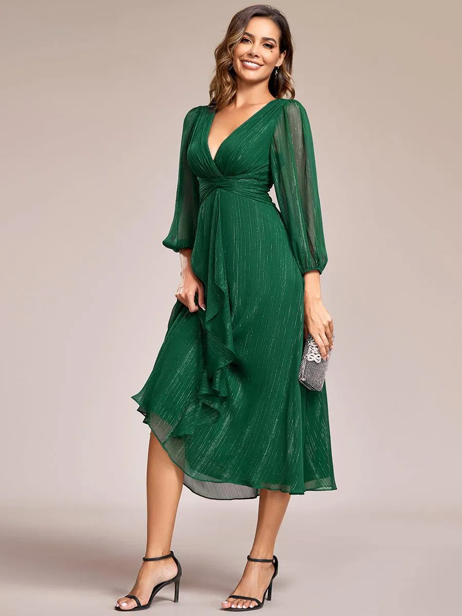 Robe de soirée trapèze scintillante à manches longues et col en V en mousseline de soie avec torsadé