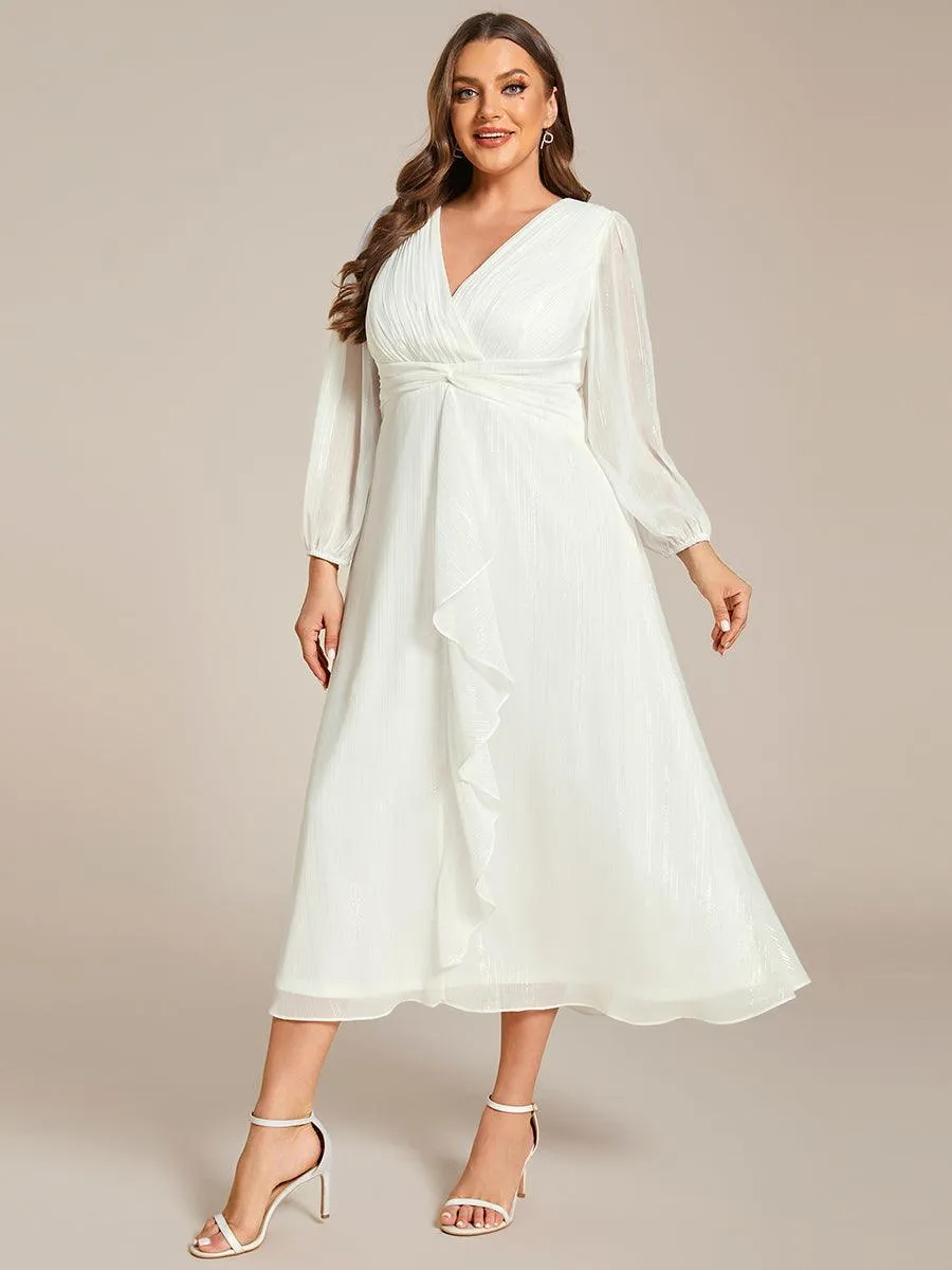 Robe de soirée trapèze scintillante à manches longues et col en V en mousseline de soie avec torsadé