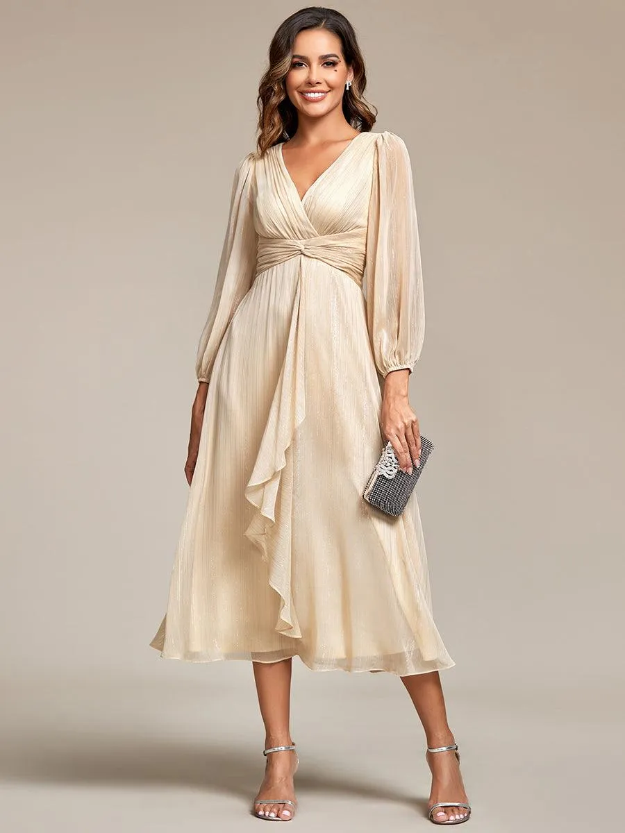 Robe de soirée trapèze scintillante à manches longues et col en V en mousseline de soie avec torsadé