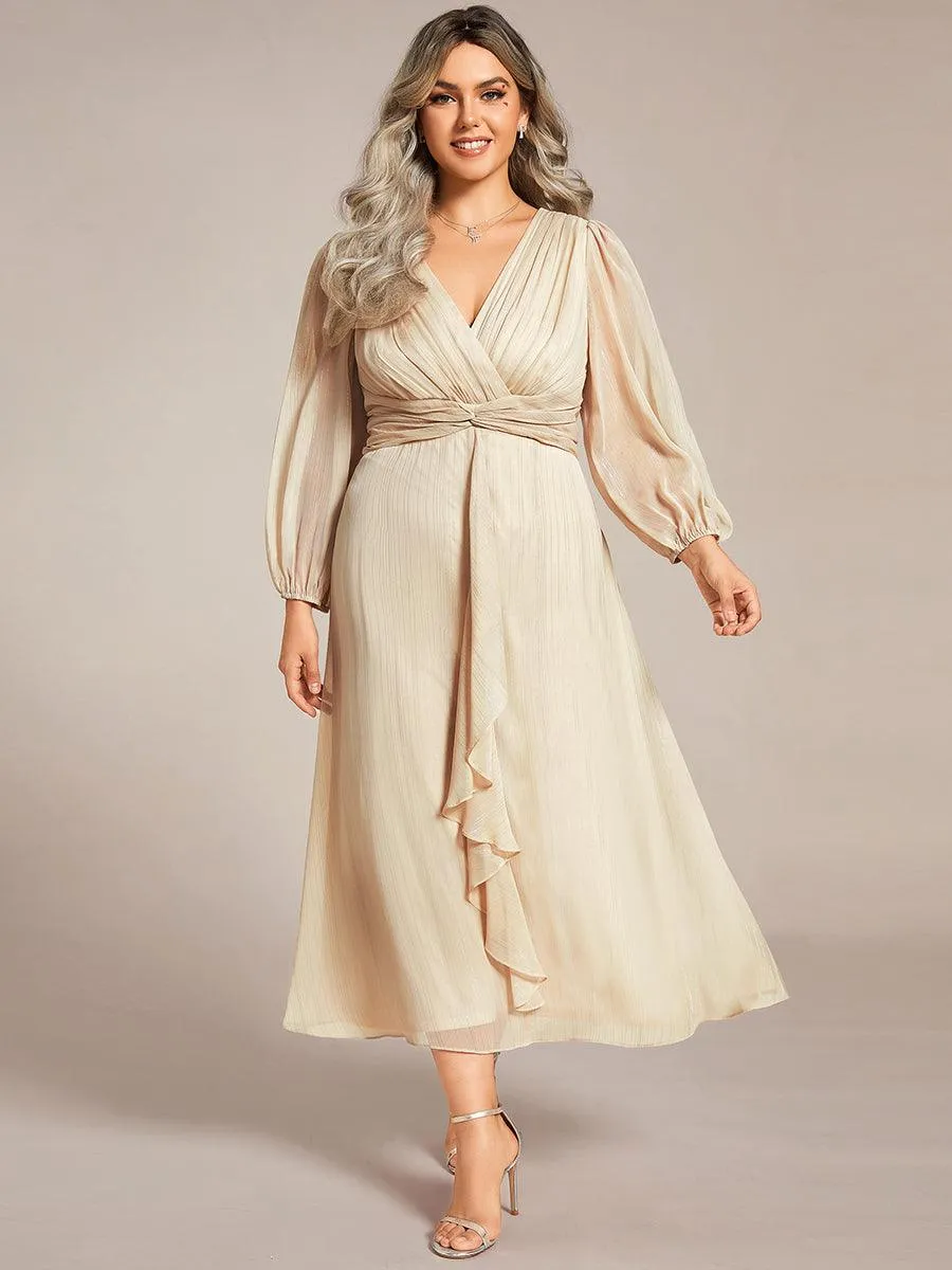 Robe de soirée trapèze scintillante à manches longues et col en V en mousseline de soie avec torsadé