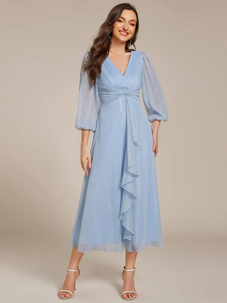 Robe de soirée trapèze scintillante à manches longues et col en V en mousseline de soie avec torsadé