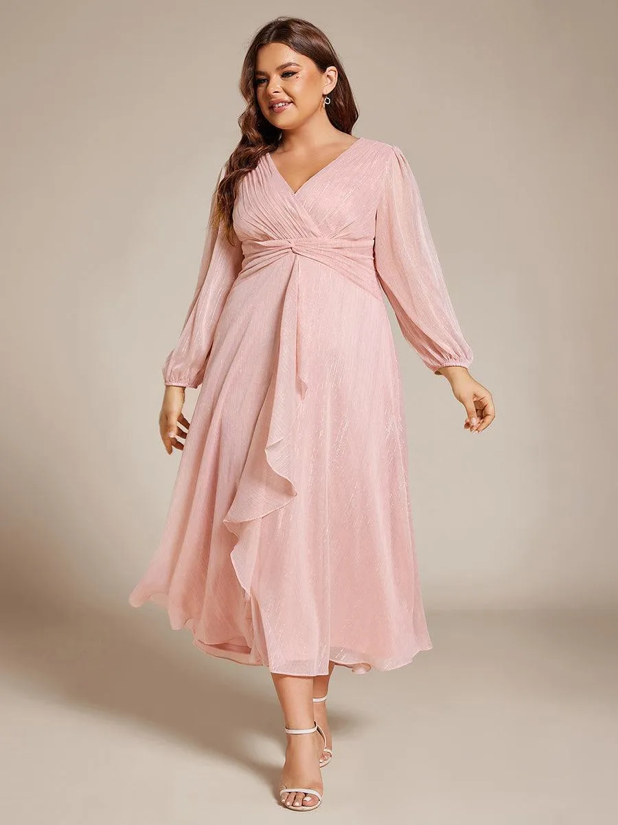 Robe de soirée trapèze scintillante à manches longues et col en V en mousseline de soie avec torsadé