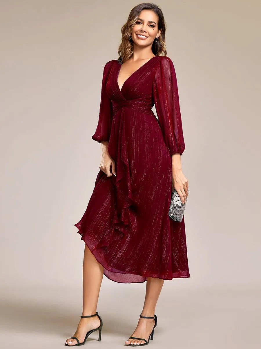 Robe de soirée trapèze scintillante à manches longues et col en V en mousseline de soie avec torsadé