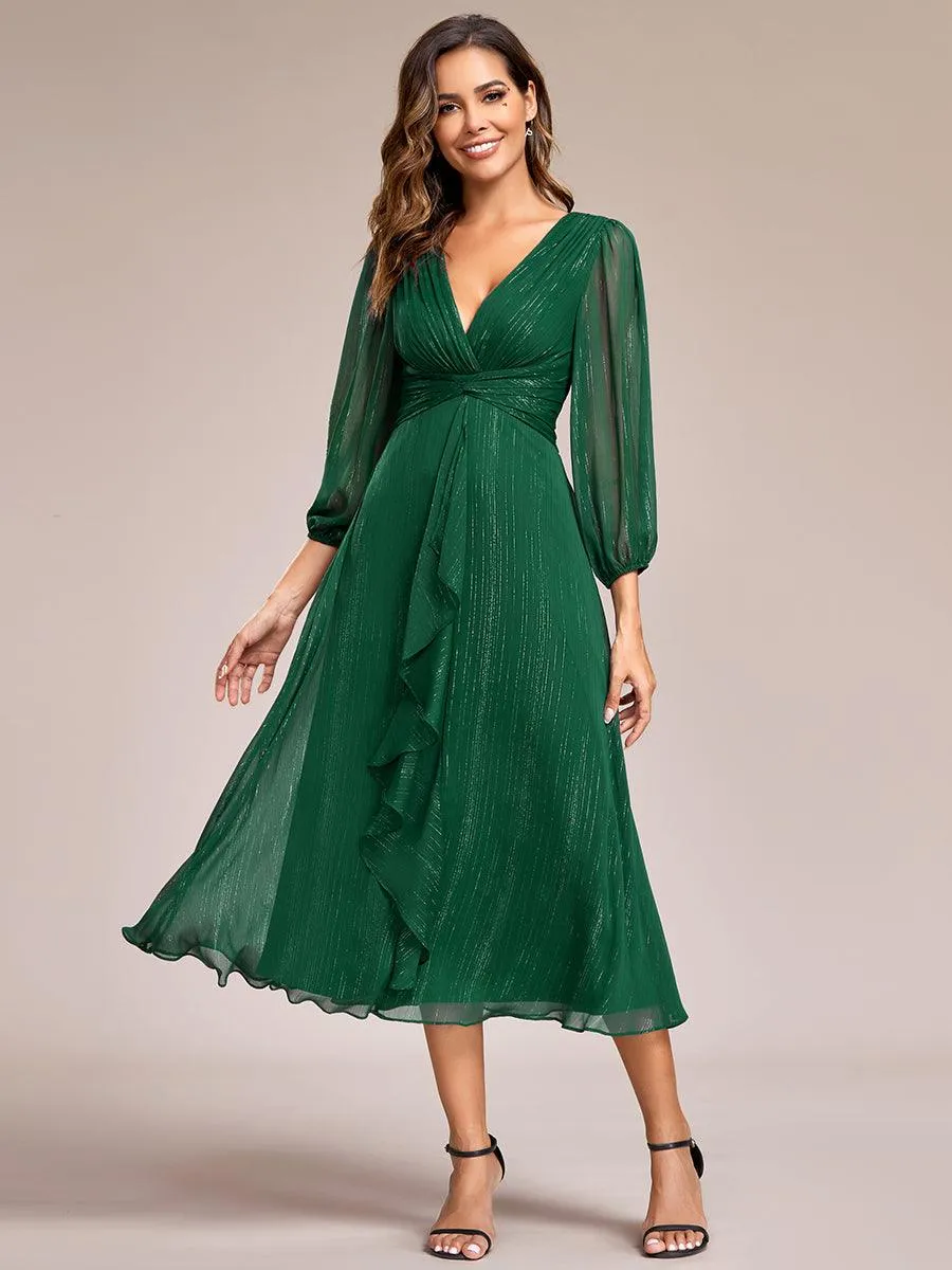Robe de soirée trapèze scintillante à manches longues et col en V en mousseline de soie avec torsadé