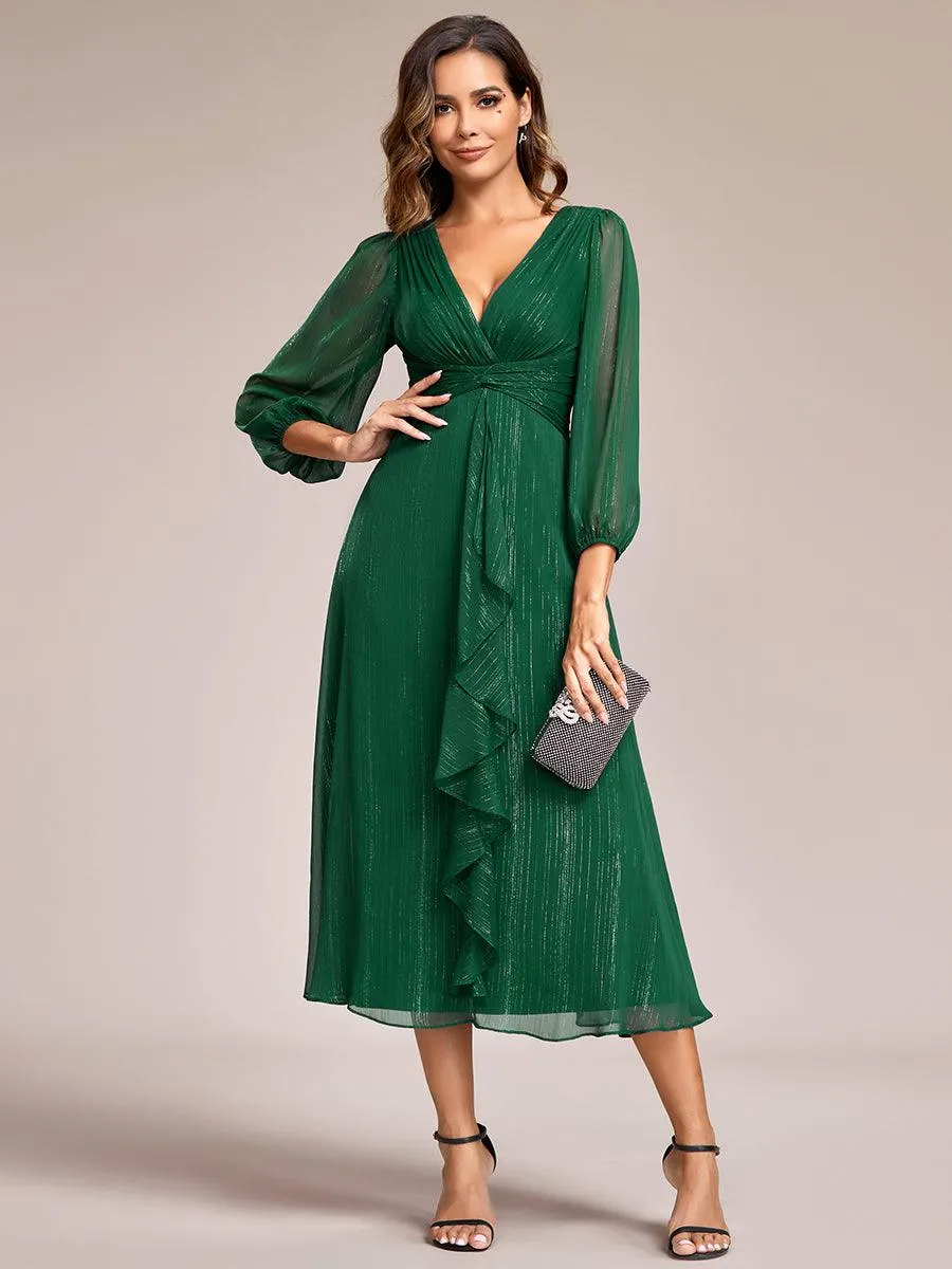 Robe de soirée trapèze scintillante à manches longues et col en V en mousseline de soie avec torsadé