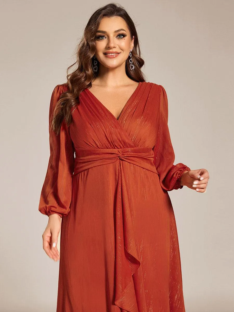 Robe de soirée trapèze scintillante à manches longues et col en V en mousseline de soie avec torsadé