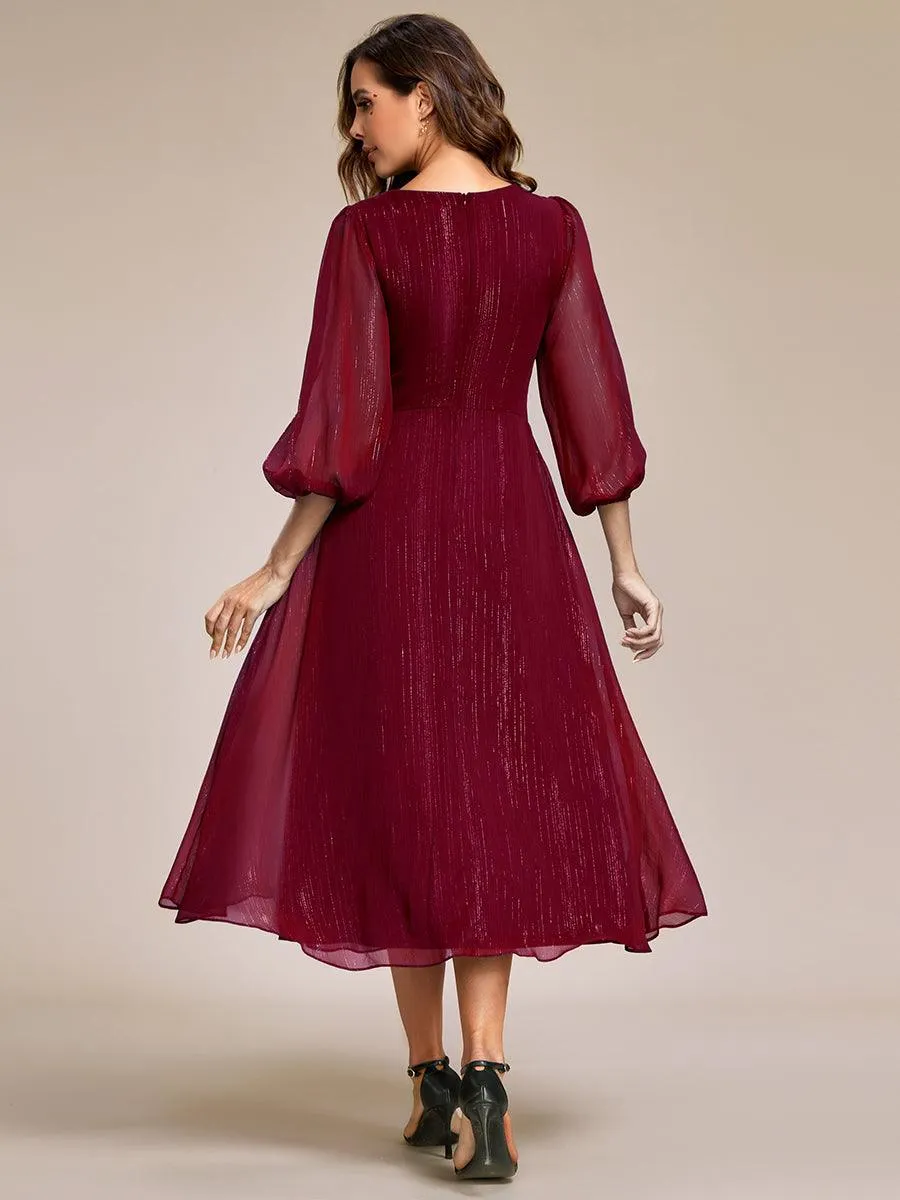 Robe de soirée trapèze scintillante à manches longues et col en V en mousseline de soie avec torsadé