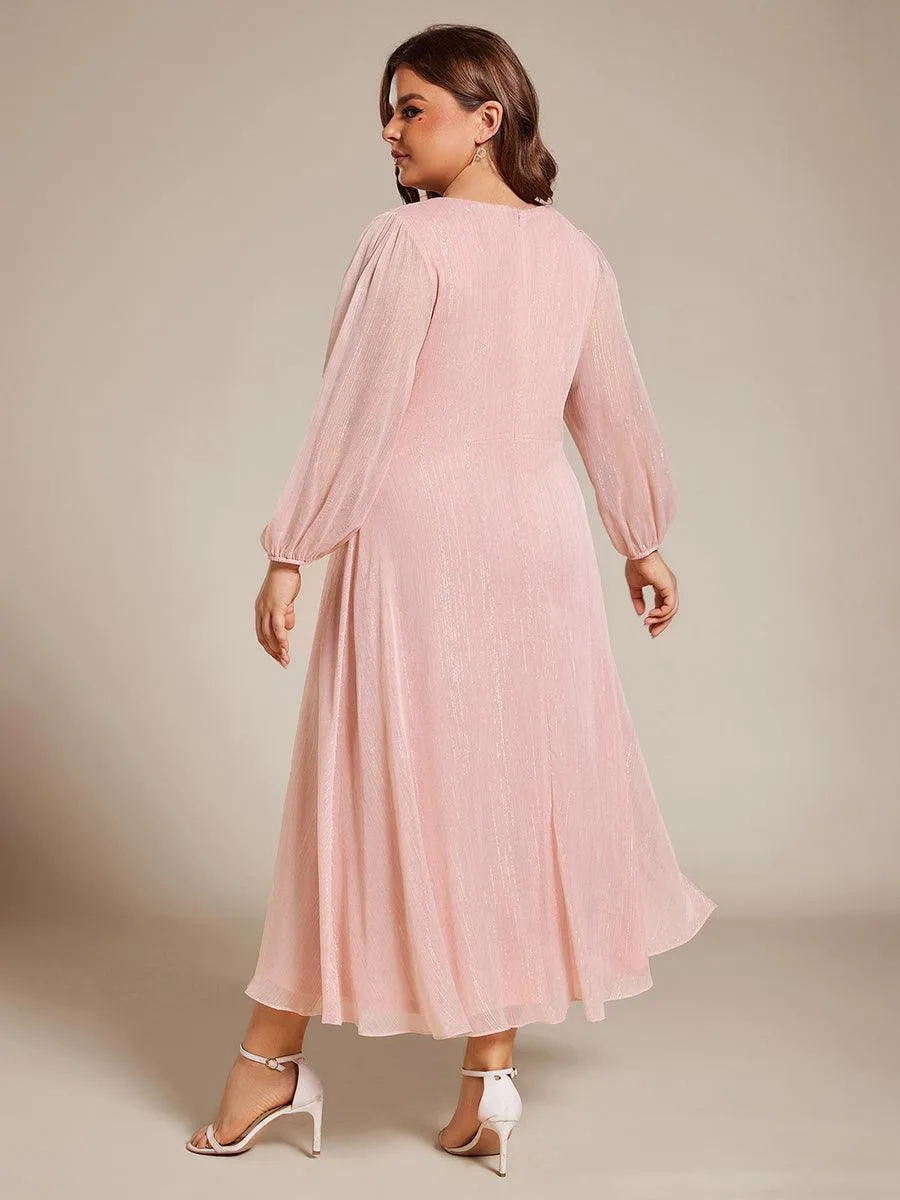 Robe de soirée trapèze scintillante à manches longues et col en V en mousseline de soie avec torsadé