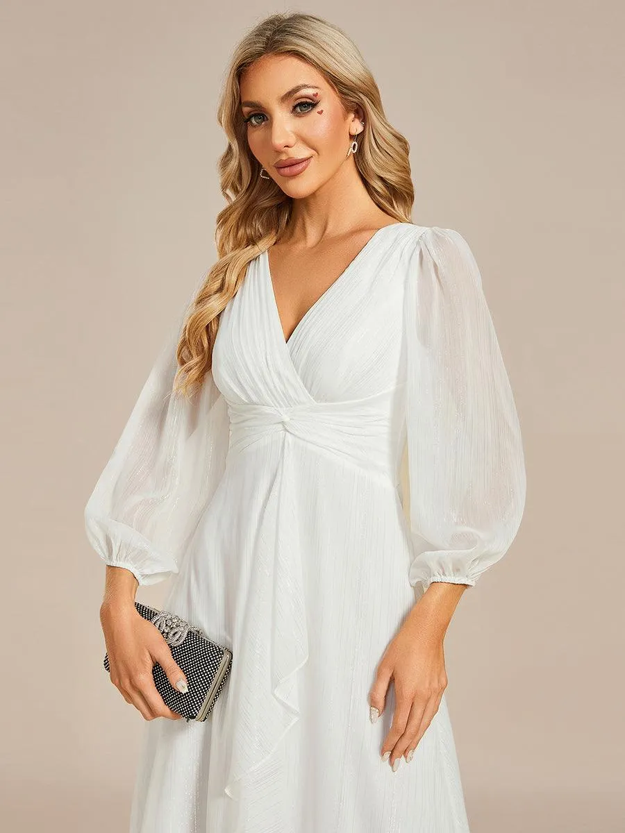 Robe de soirée trapèze scintillante à manches longues et col en V en mousseline de soie avec torsadé