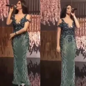robe de soiree mermaid lace applique beaded green long evening dresses 2021 vestido de Longo