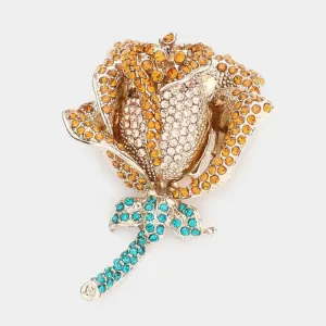 Rose Flower Rhinestone Embellished Pin Brooch