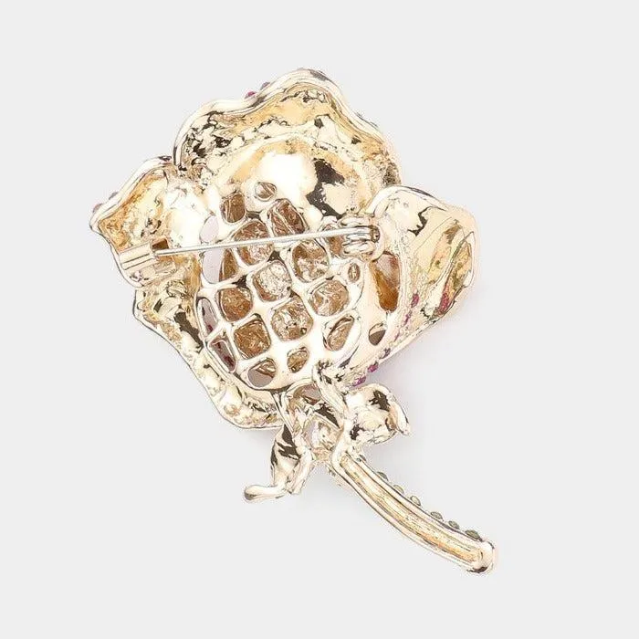 Rose Flower Rhinestone Embellished Pin Brooch