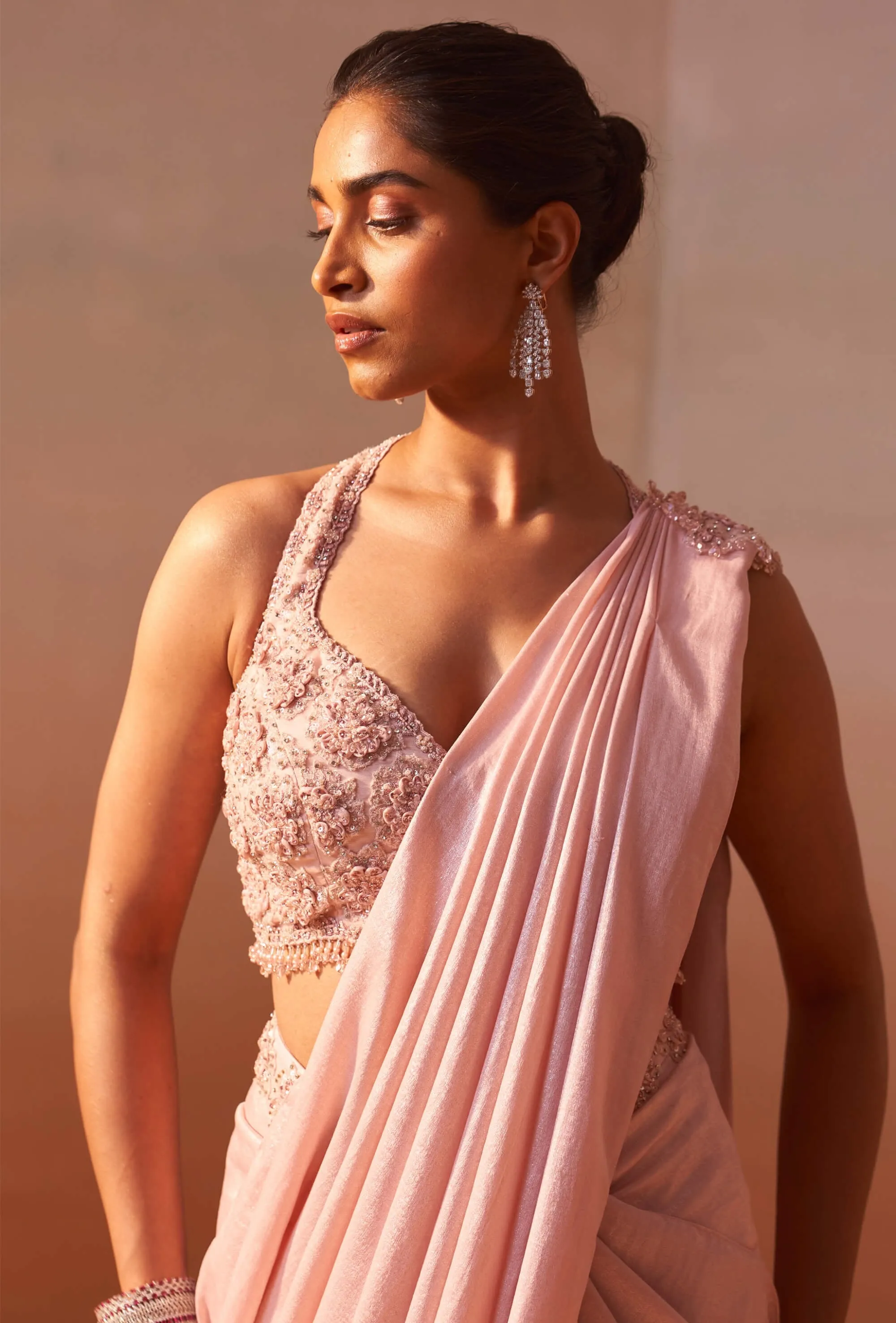 Rose pink draped sari and blouse