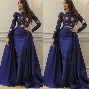 royal blue evening dresses long sleeve detachable skirt beaded arabic satin evening gown 2020