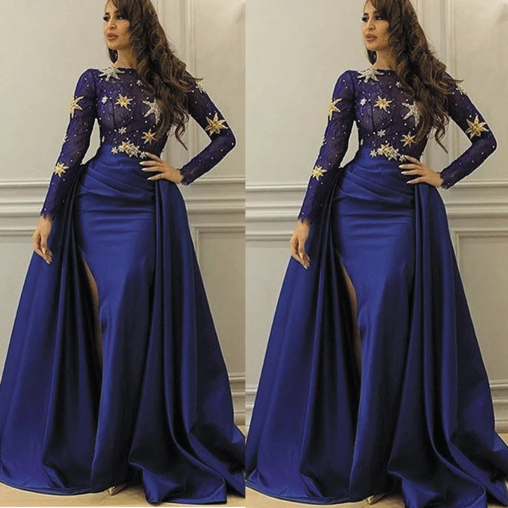 royal blue evening dresses long sleeve detachable skirt beaded arabic satin evening gown 2020