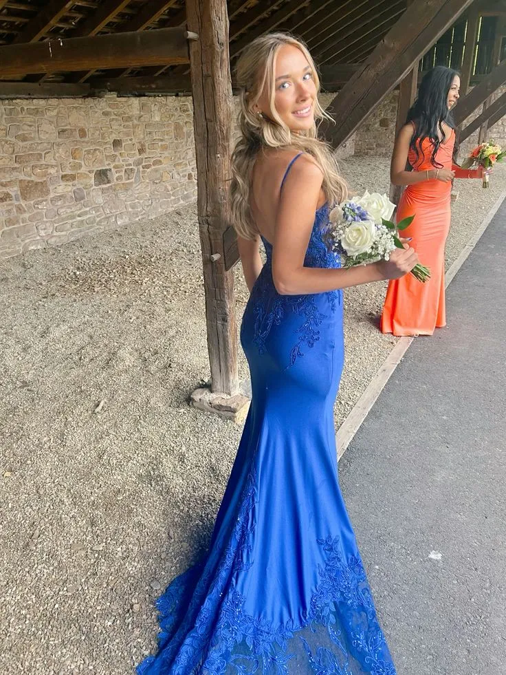 Royal Blue Straps Mermaid Satin Long Prom Dress Evening Party Dress, DP4675