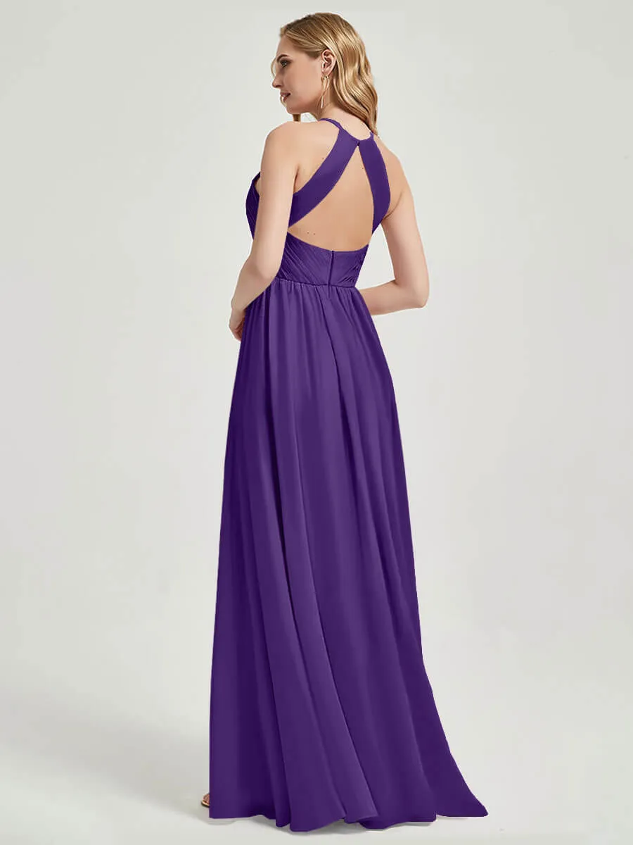 Royal Purple Halter Pleated Keyhole Back Chiffon Bridesmaid Dress