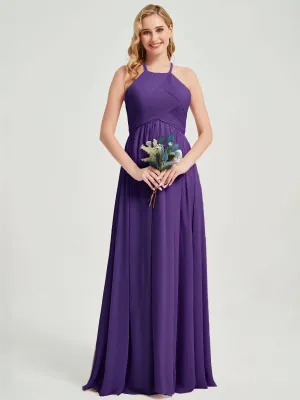 Royal Purple Halter Pleated Keyhole Back Chiffon Bridesmaid Dress