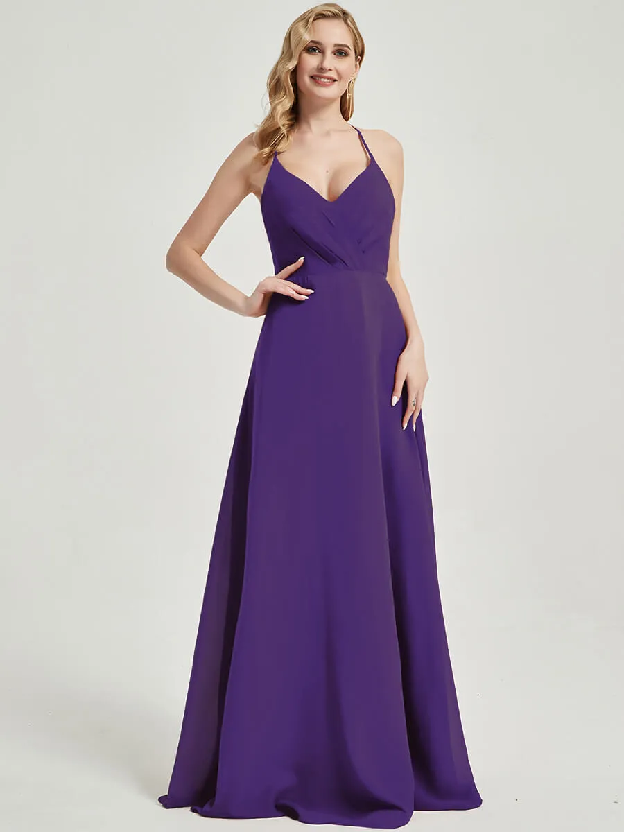 Royal Purple Pleated Halter V-Neck Backless Chiffon Bridesmaid Dress