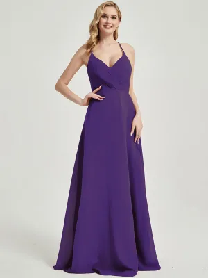 Royal Purple Pleated Halter V-Neck Backless Chiffon Bridesmaid Dress