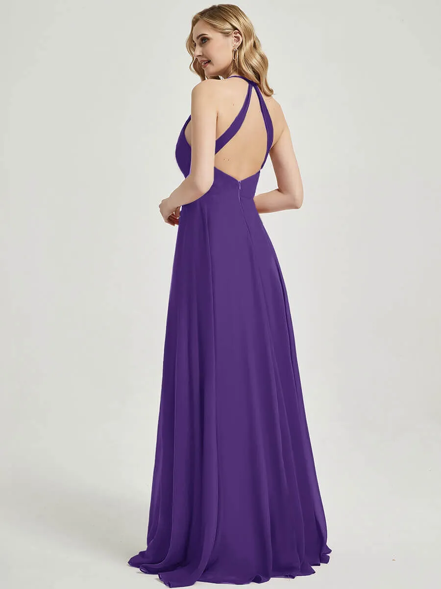 Royal Purple Pleated Halter V-Neck Backless Chiffon Bridesmaid Dress