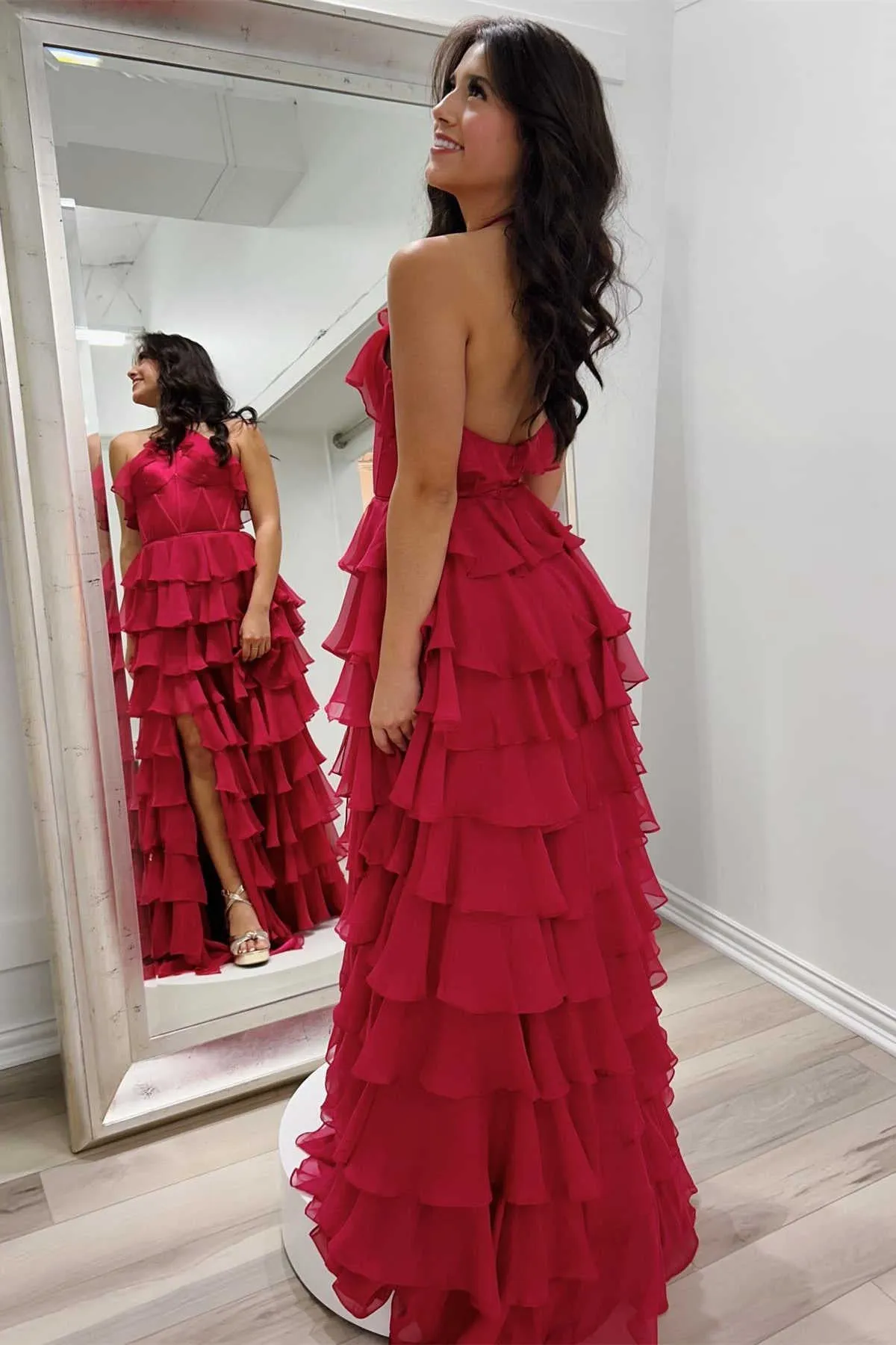 Roycebridal Halter Keyhole Ruffle Tiered Prom Dress with Slit