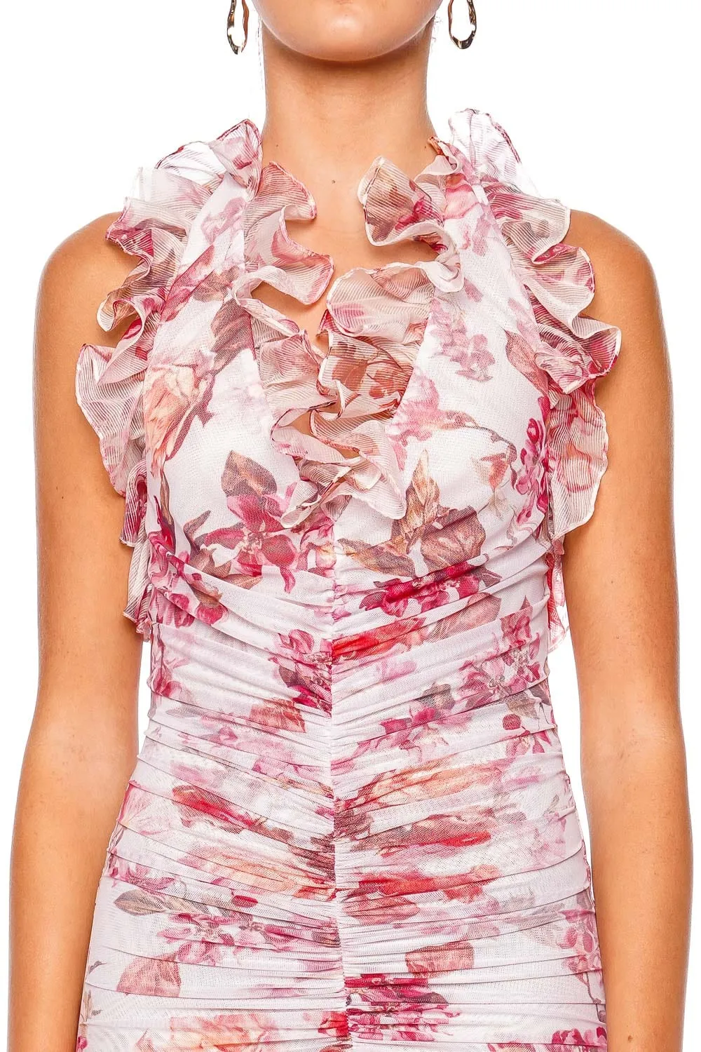 Ruffled Floral Stretch Tulle Mini Dress