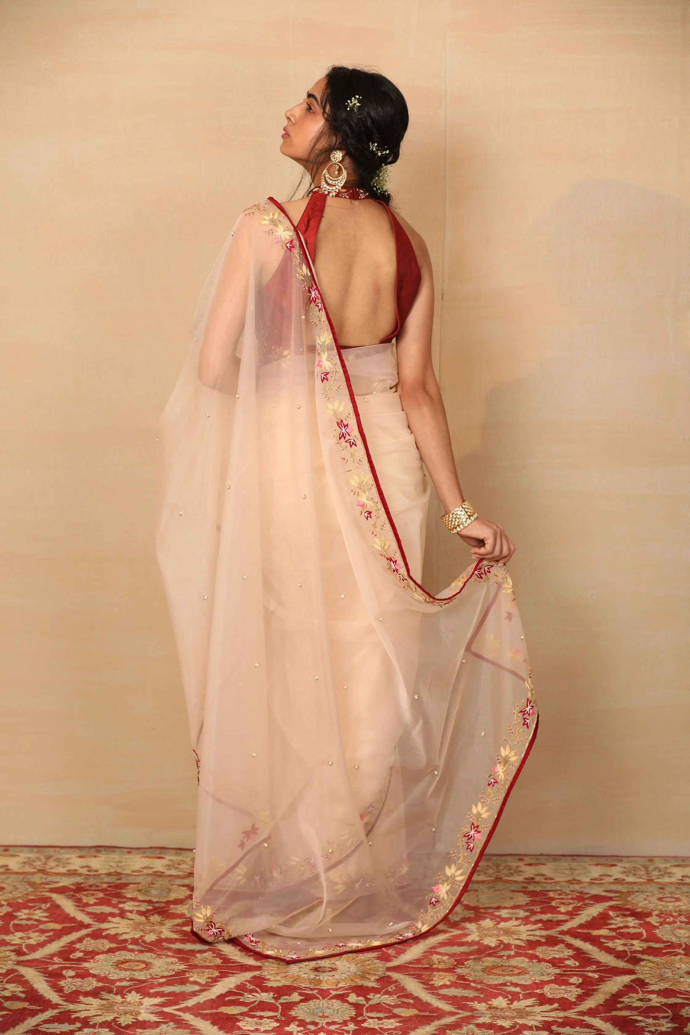 Ruhi Peach Saree With Maroon Halter Blouse