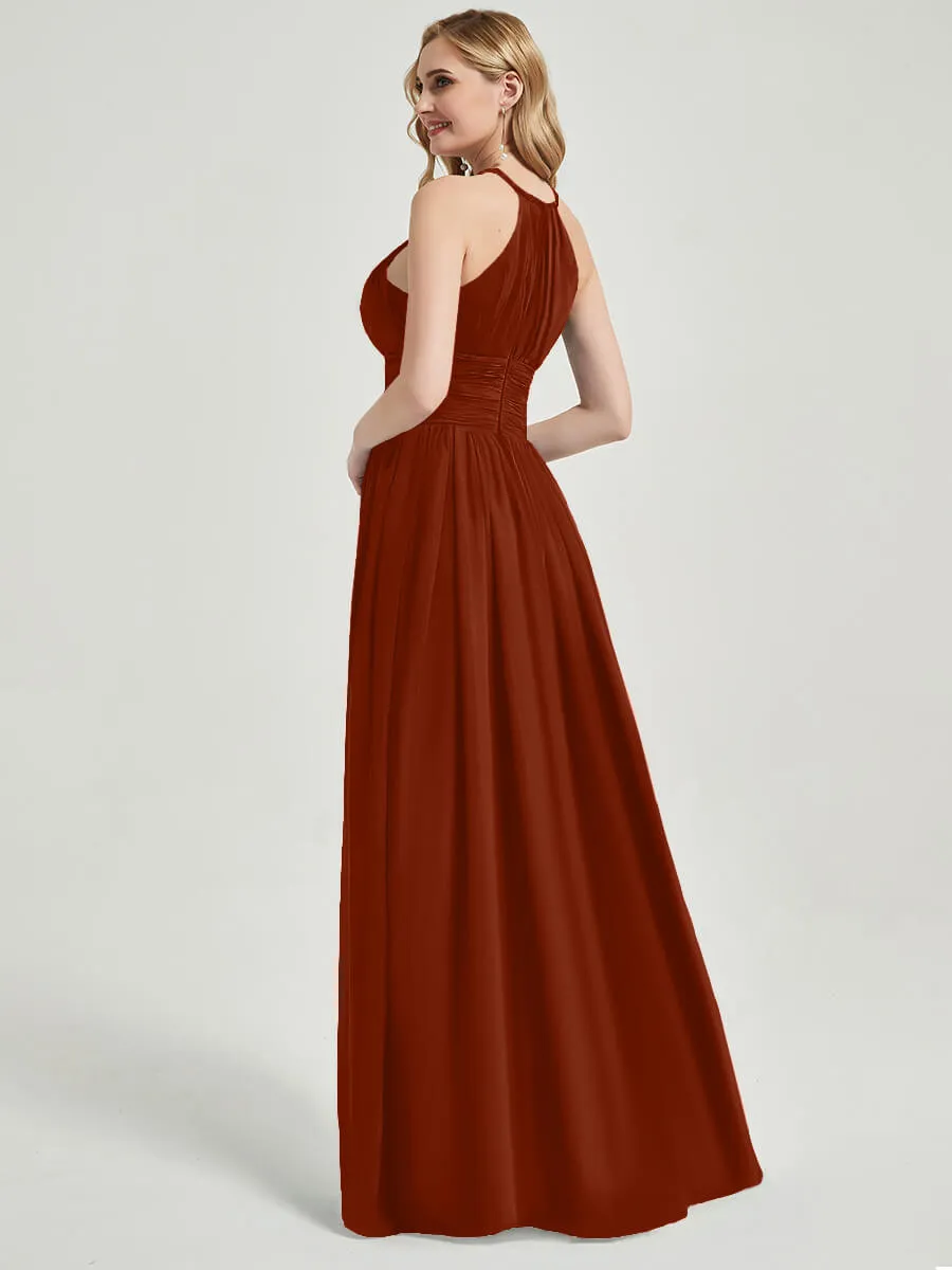 Rusty Red Halter Neck Sleeveless Chiffon Floor Length Bridesmaid Dress