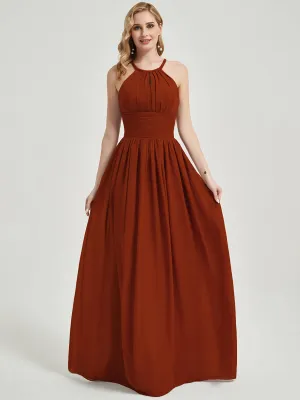 Rusty Red Halter Neck Sleeveless Chiffon Floor Length Bridesmaid Dress