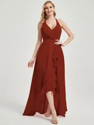 Rusty Red Halter V-Neck Backless High Low Chiffon Maxi Bridesmaid Dress