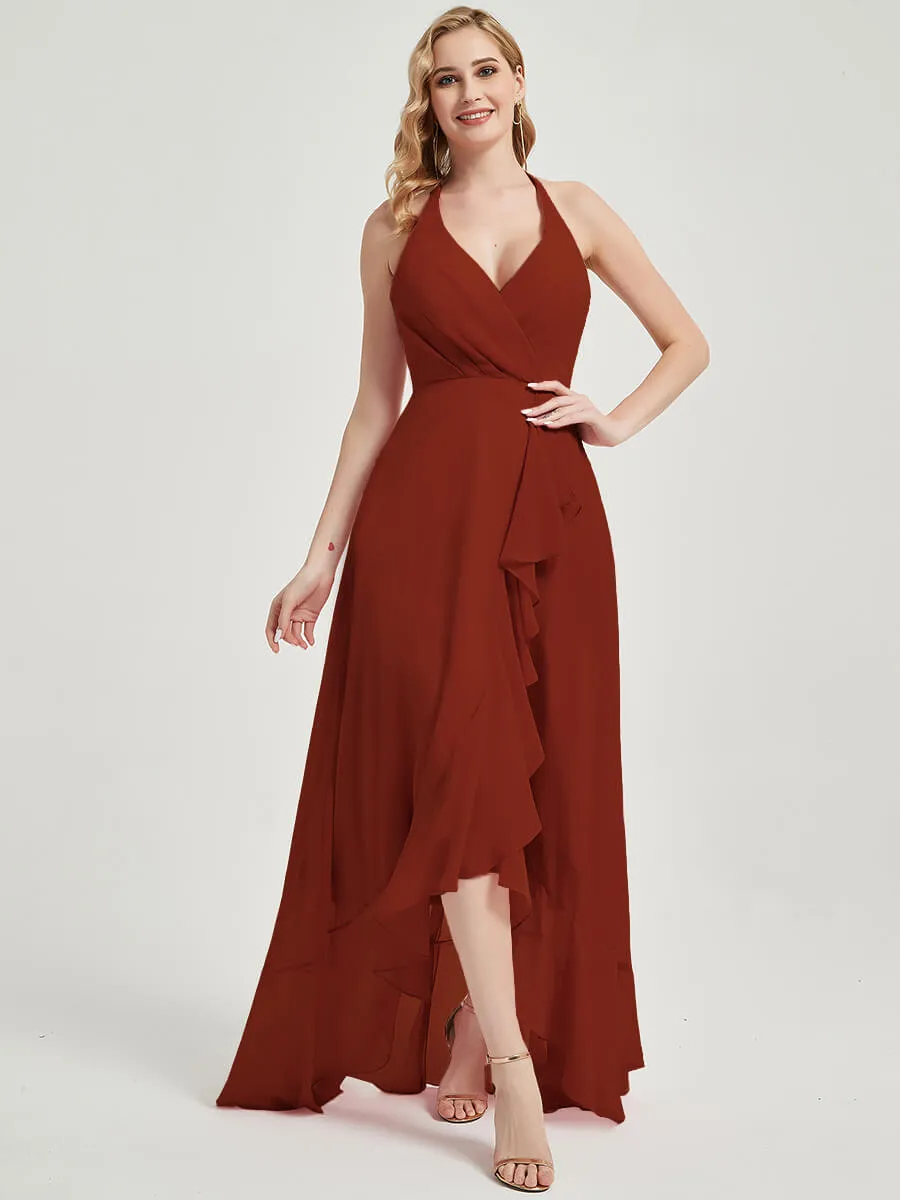 Rusty Red Halter V-Neck Backless High Low Chiffon Maxi Bridesmaid Dress