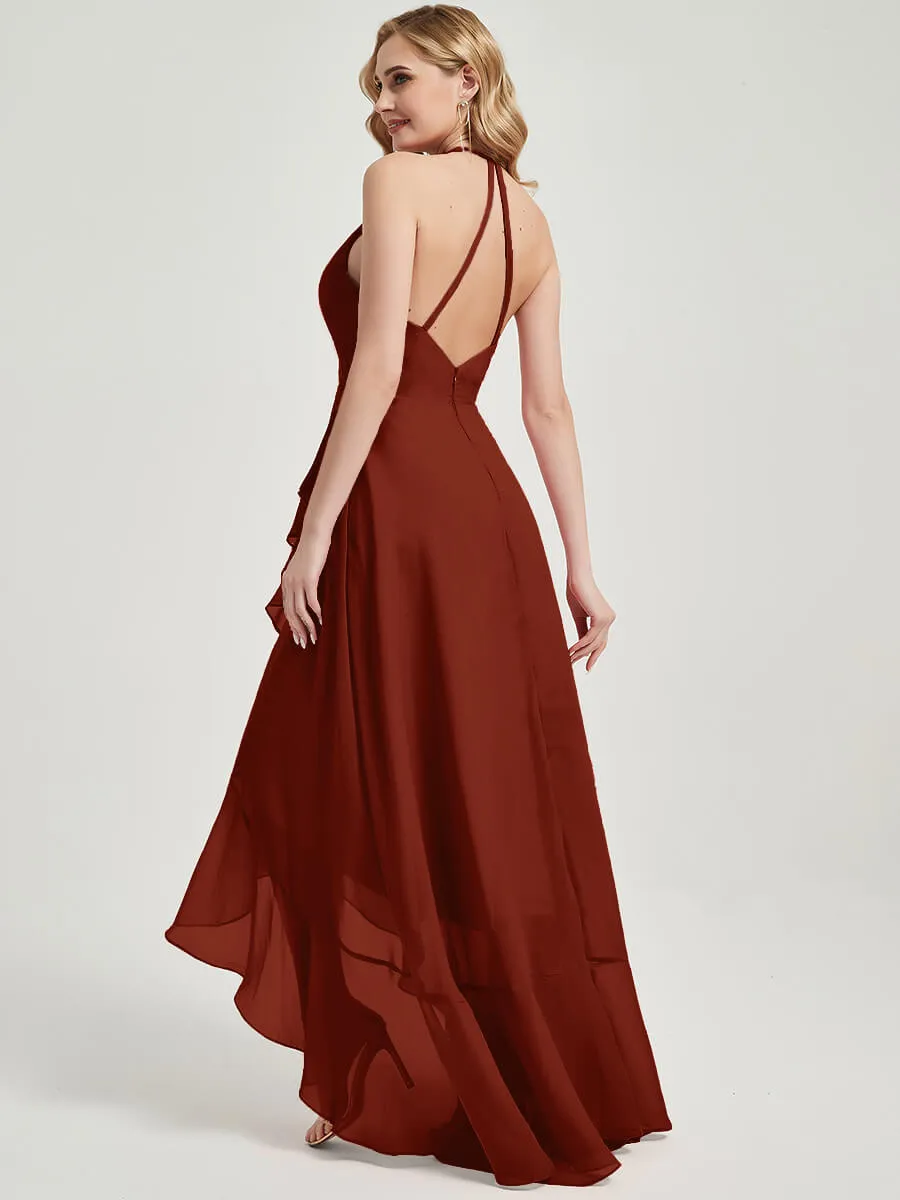 Rusty Red Halter V-Neck Backless High Low Chiffon Maxi Bridesmaid Dress