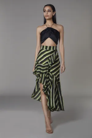 Saaksha & KinniÂ    I   Black bralette  Green black stripe asymmetirc frill skirt Bralette - Satin  Skirt - Satin / Chiffon Bralette - Black  Skirt - Green / Black SS22083    SS22084