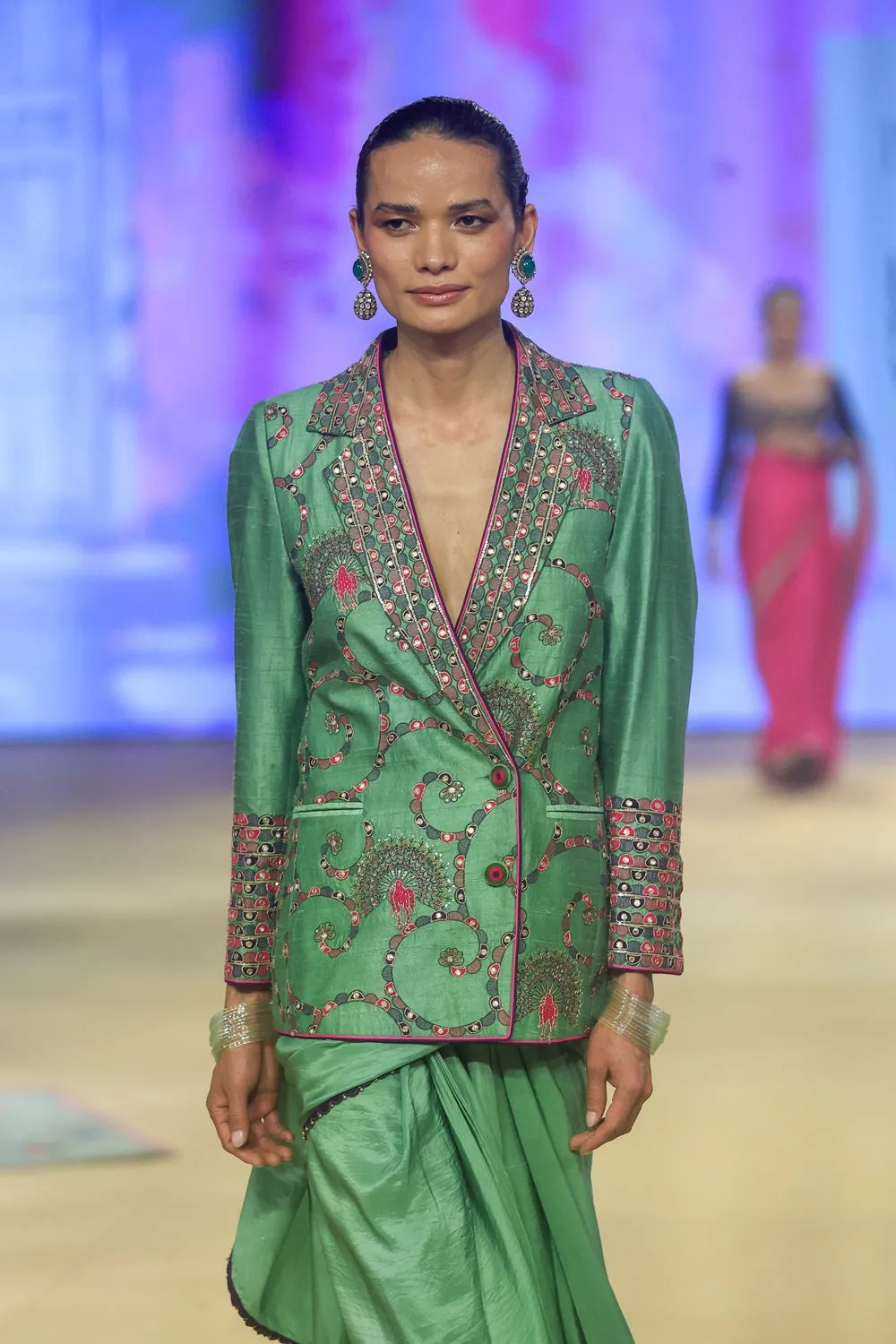Sage green blazer and sari