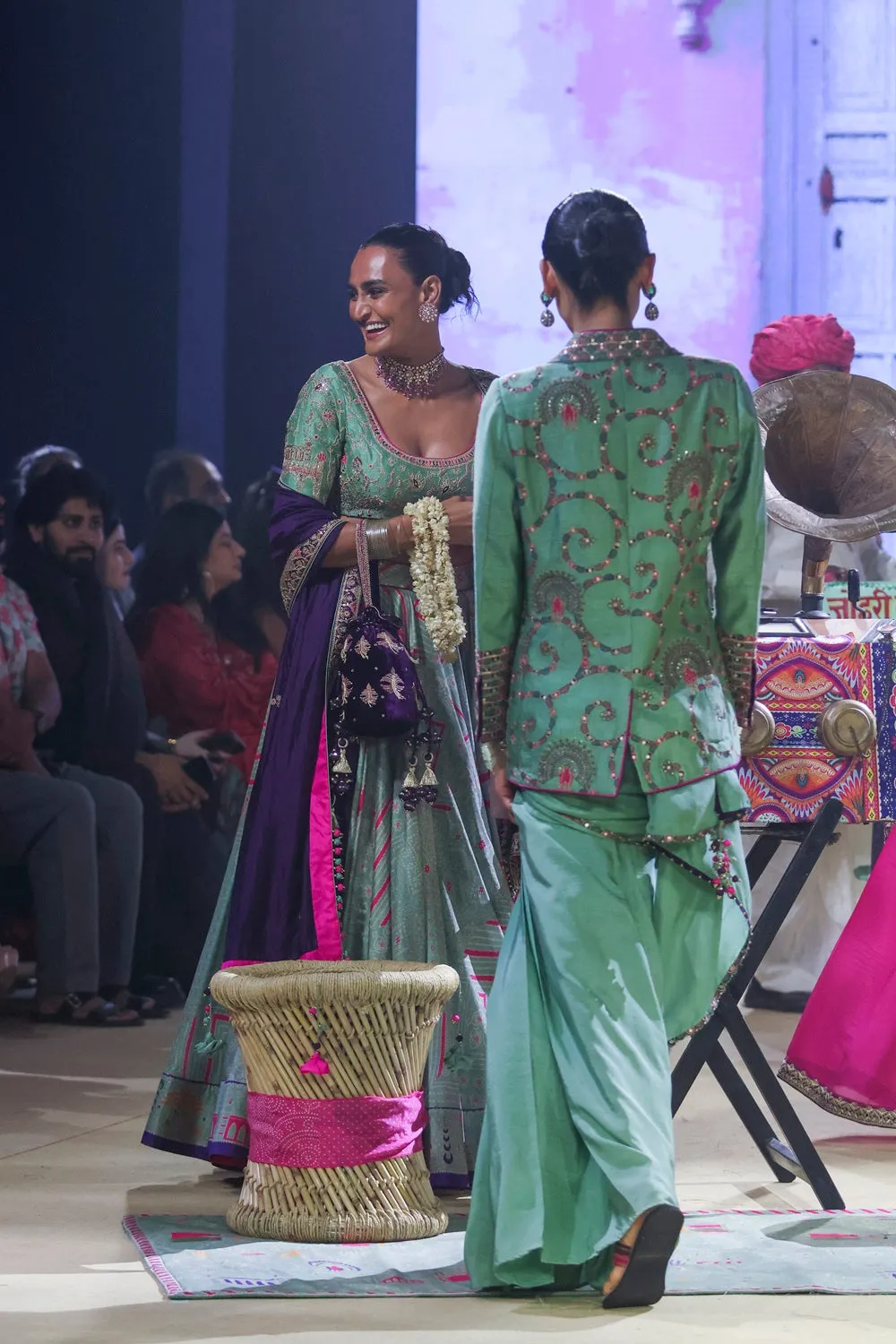 Sage green blazer and sari