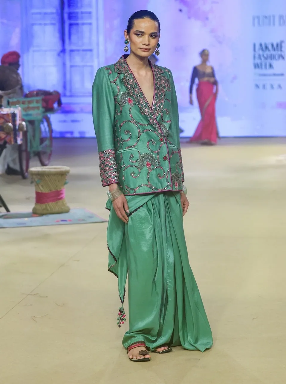 Sage green blazer and sari