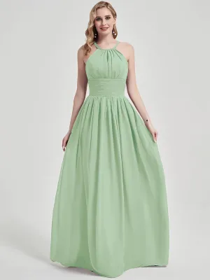 Sage Green Halter Neck Sleeveless Chiffon Floor Length Bridesmaid Dress