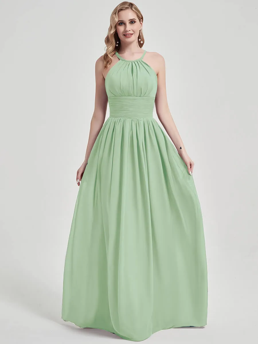 Sage Green Halter Neck Sleeveless Chiffon Floor Length Bridesmaid Dress