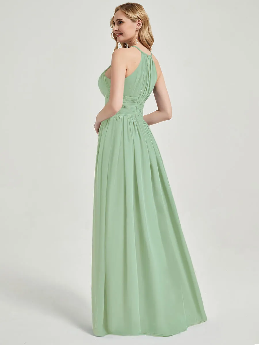 Sage Green Halter Neck Sleeveless Chiffon Floor Length Bridesmaid Dress