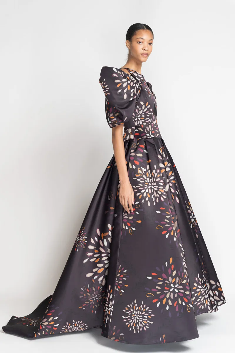 Sashi Print Double Satin Ball Gown with Ghagra Skirt