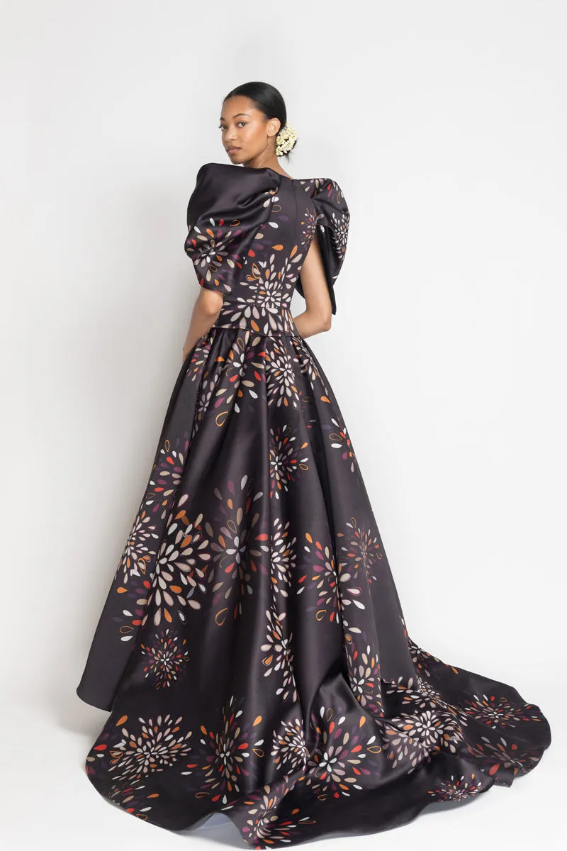 Sashi Print Double Satin Ball Gown with Ghagra Skirt