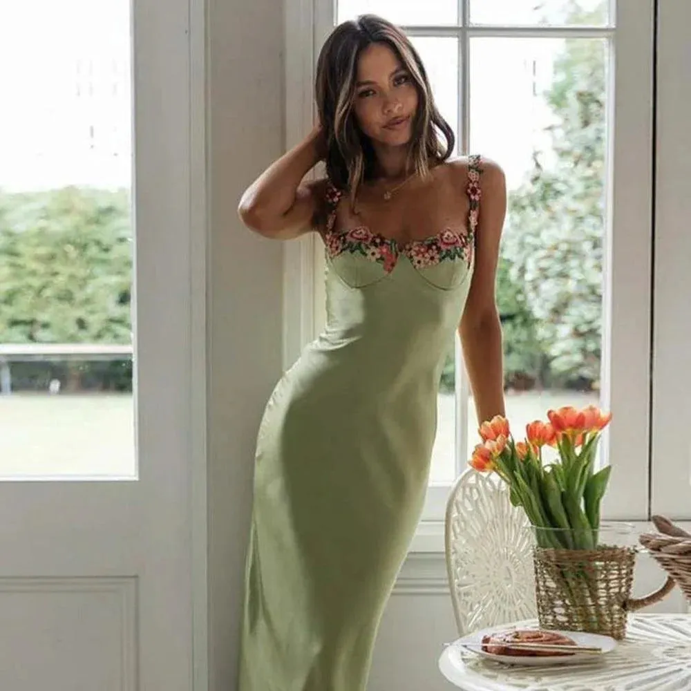 Satin Blossom™ | Women's Embroidered Maxi Dress | Floral Design, Soft Satin Fabric & Elegant Flowing Silhouette