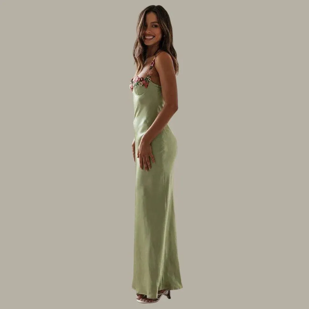 Satin Blossom™ | Women's Embroidered Maxi Dress | Floral Design, Soft Satin Fabric & Elegant Flowing Silhouette