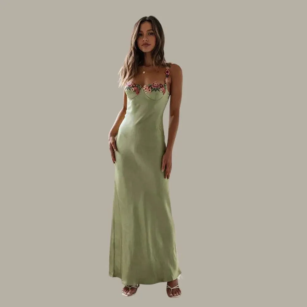 Satin Blossom™ | Women's Embroidered Maxi Dress | Floral Design, Soft Satin Fabric & Elegant Flowing Silhouette
